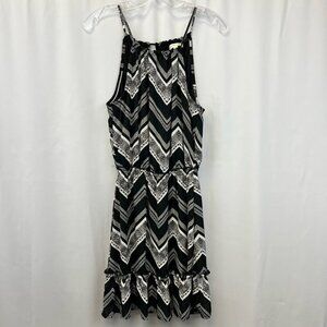 Love Fire Womens Sundress Black Chevron Lined Jewel Neck Sleeveless Ruffle Hem S